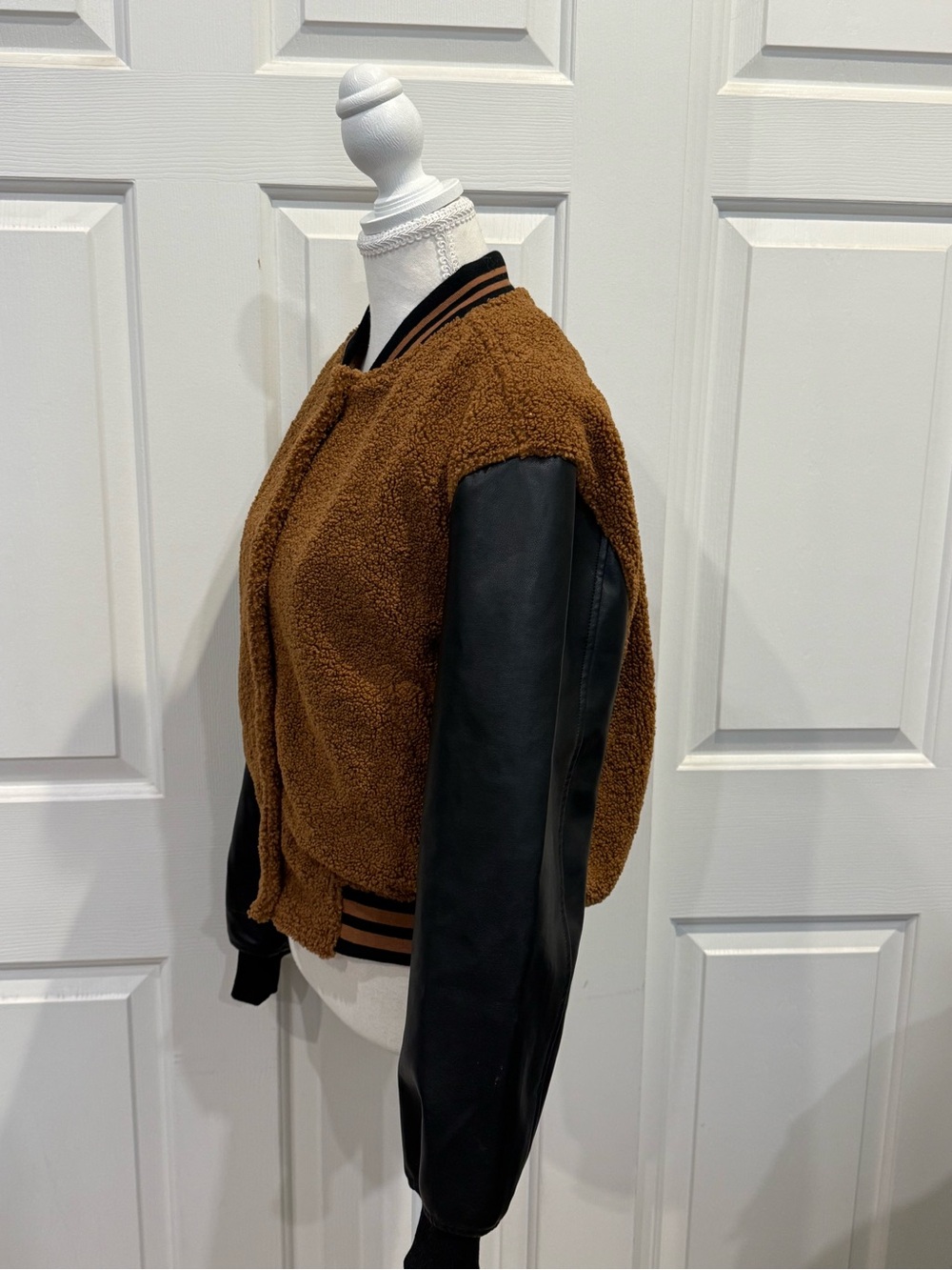 Teddy Varsity Jacket Faux Leather Sleeves Brown Cropped Bomber S - Picture 6 of 10